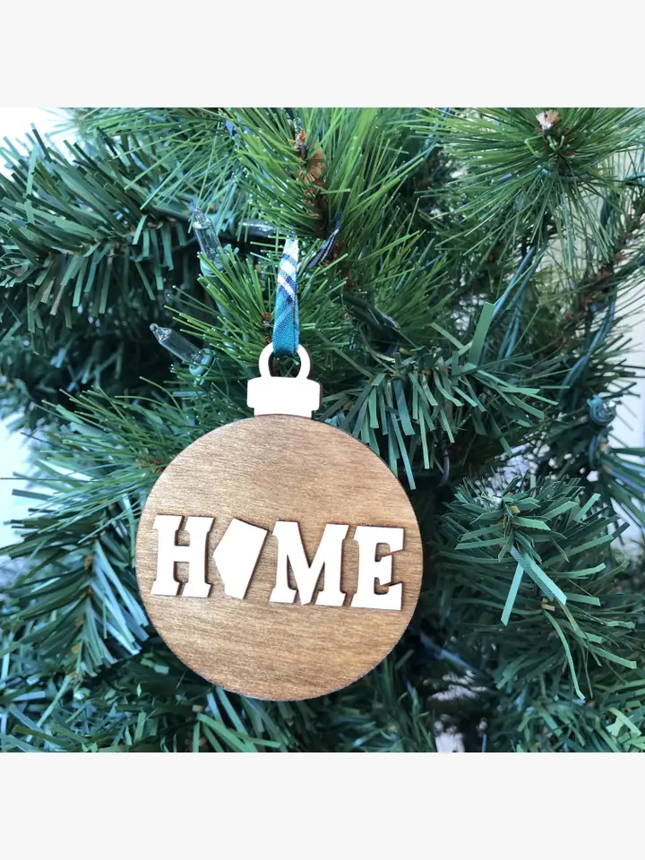 round Ornament Alberta HOME Wooden Ornaments blue ribbon