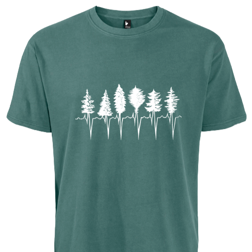 Spruce green t-shirt with white trees connected at the bottom with heartbeat zig symbol