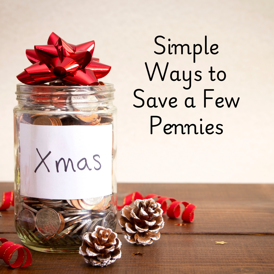 jar with pennies in it and a white label that has xmas written on it with red bow on top