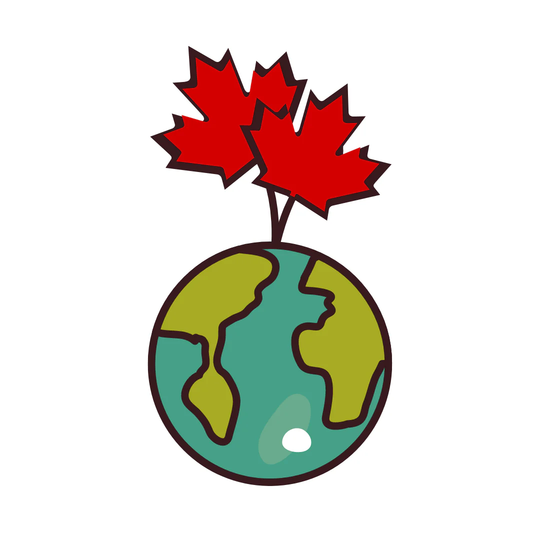 a graphic of the earth with two red maple leaves growing out of it.