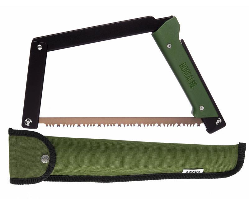 green handled saw and green sheath