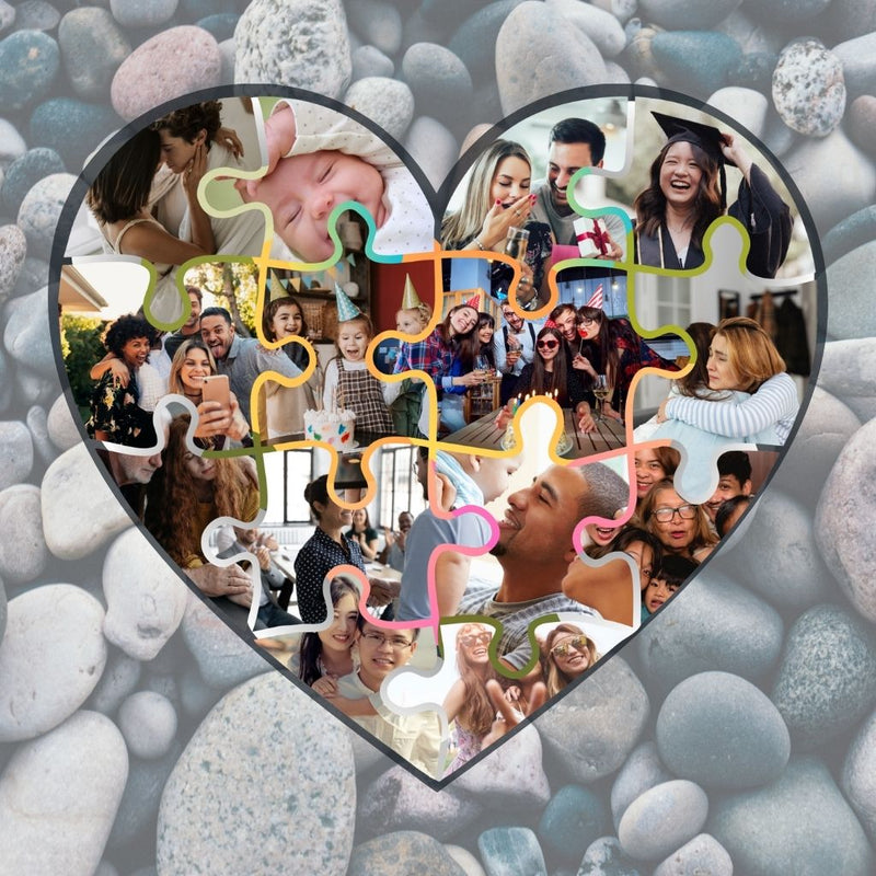 puzzle pieces of pictures of people in the shape of a heart