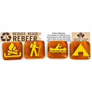 brown glass each separately with campfire, hiker, canoer, and tent picture
