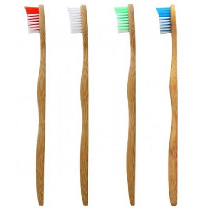 Showing the side view of all four colours of the adult tooth brushes in red, white, green and blue