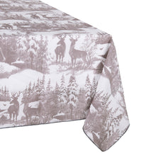 Load image into Gallery viewer, corner of a table cloth with deer snow and snow covered trees
