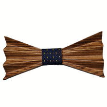 Load image into Gallery viewer, Light brown with dark wood grain, folded look wooden bow tie with dark polka dot cloth middle
