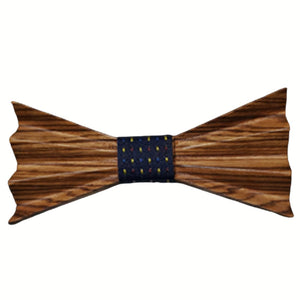 Light brown with dark wood grain, folded look wooden bow tie with dark polka dot cloth middle