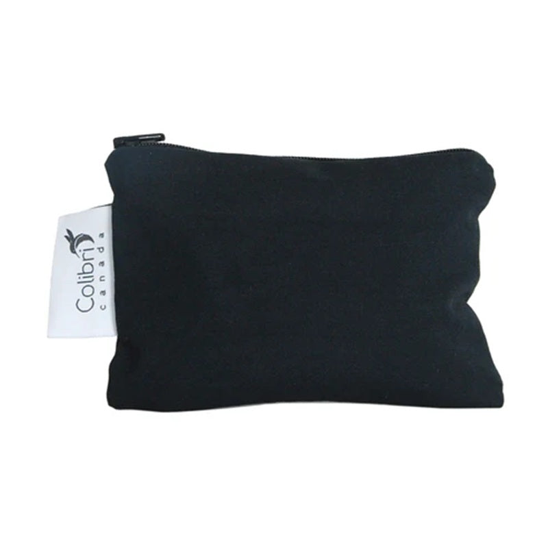 Black zippered pouch with Colibri Canada tag on a white background