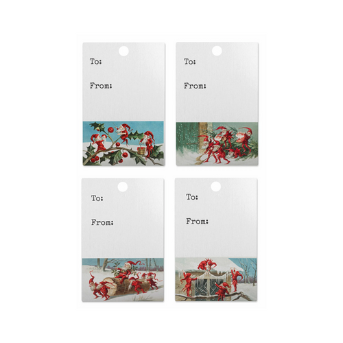 set of four gift tags with little elves on them