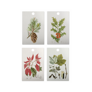 set of four holiday gift tags each with different holiday botanical print