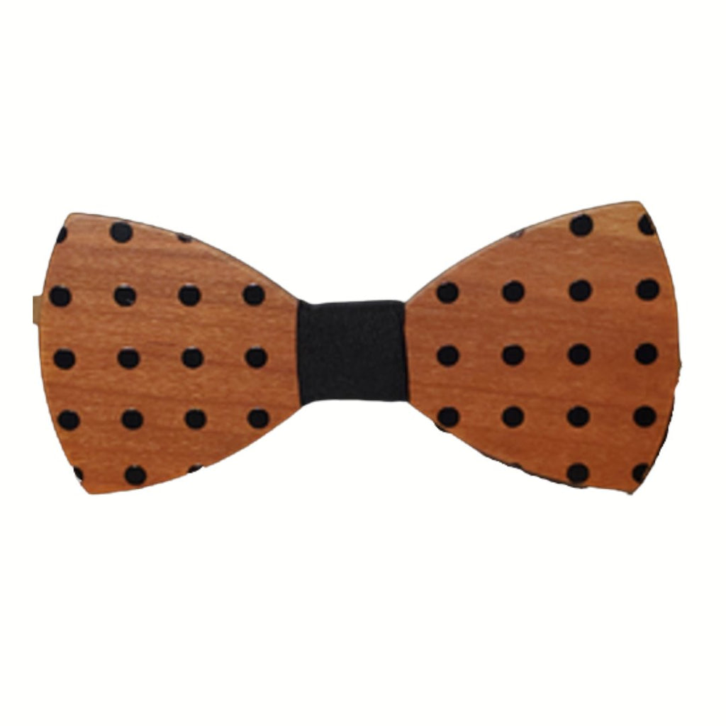 light brown wooden bow tie with black cloth center. Polka dots on the wood part
