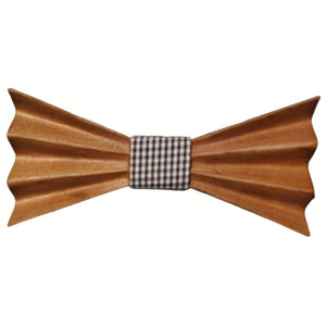light brown folded look wooden bow tie with light brown checkered cloth middle