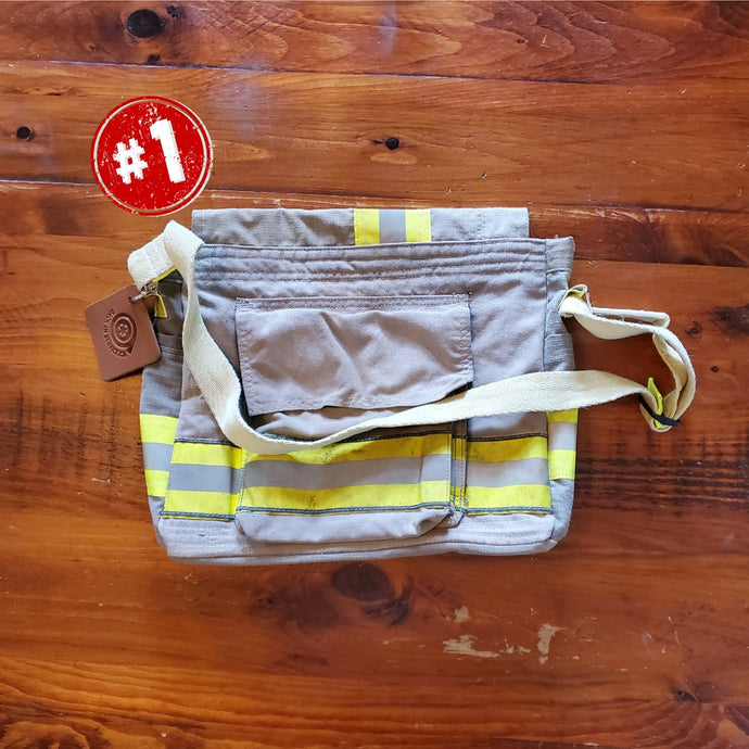 Messenger Bag made with decommissioned fire gear yellow stripes, side view