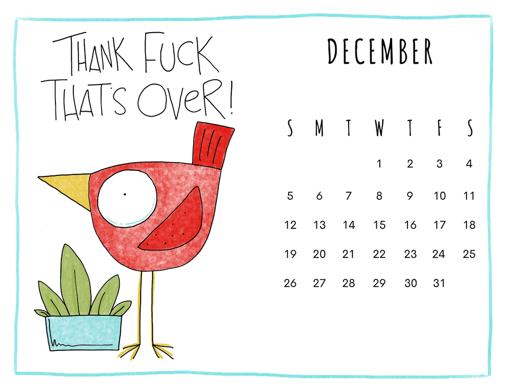 Calendar for December with a red bird illustration and text.