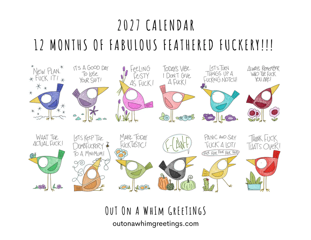 the back of a 2027 calendar featuring cartoon birds and profanity