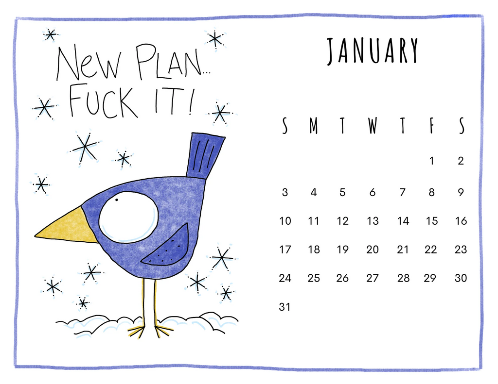 Calendar for January with a cartoon bird and text on a white background