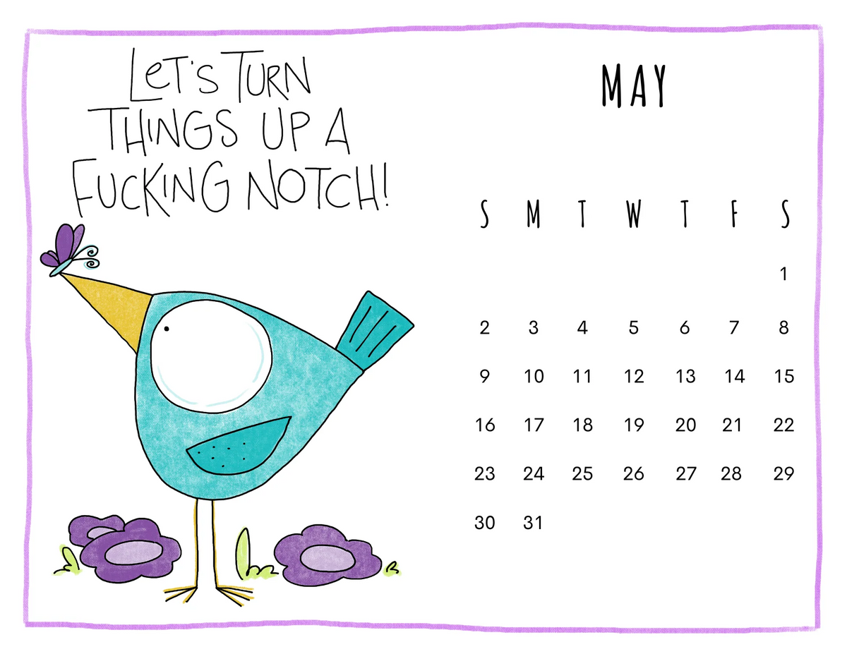 May 2027 calendar with blue bird purple flowers and purple butterfly 