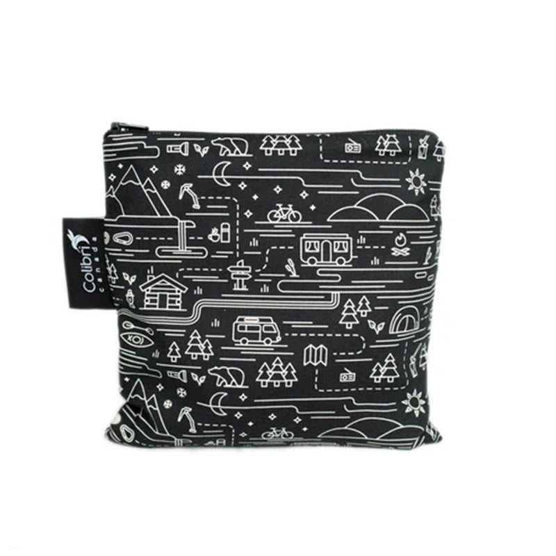 Black bag
 with white travel-themed pattern on a white background