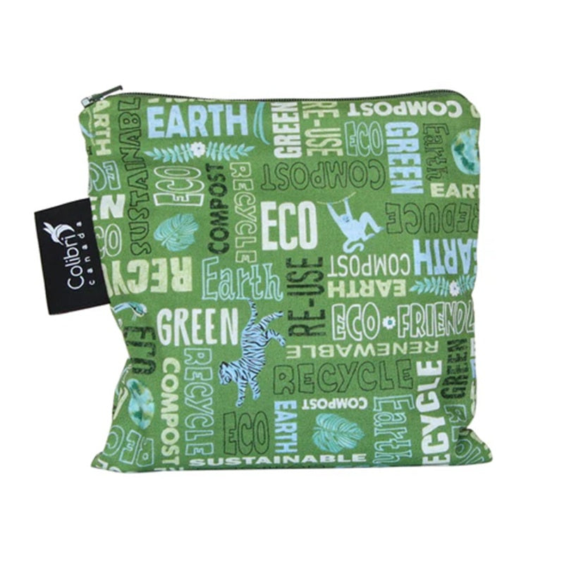Green reusable bag with eco-friendly text and Colibri Canopy logo on a white background