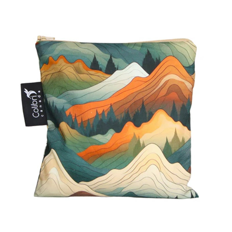 bag with mountain design and Colibri Canada tag on a white background
