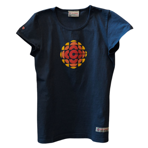 blue t-shirt with scoop neck line and the orange and yellow CBC symbol on it