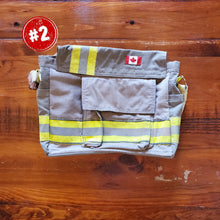Load image into Gallery viewer, Messenger Bag made with decommissioned fire gear yellow stripes, side view
