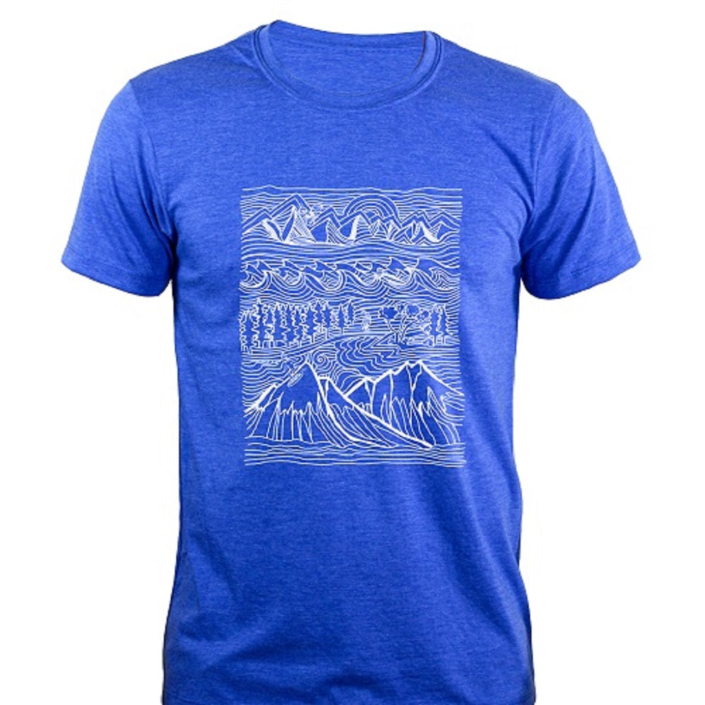 royal blue t shirt with a white print of mountains, trees water and sky
