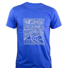 Load image into Gallery viewer, royal blue t shirt with a white print of mountains, trees water and sky
