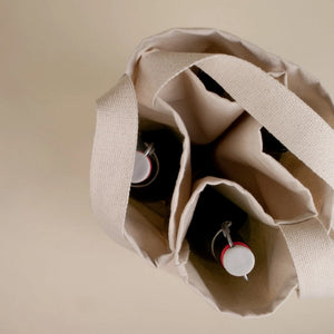 top view of cream coloured bag with four bottles in it
