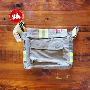 Messenger Bag made with decommissioned fire gear, side view, yellow stripes