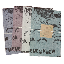 Load image into Gallery viewer, 4 towels -one blue, one green, one purple, one grey with strings and tag tied around them and they all have writing on them
