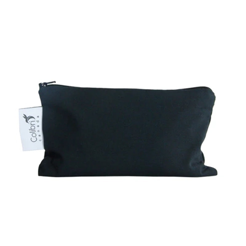 Black zippered pouch with a visible brand tag on a white background