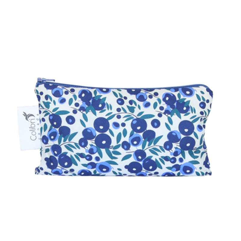 Floral-patterned bag with blue flowers on a white background
