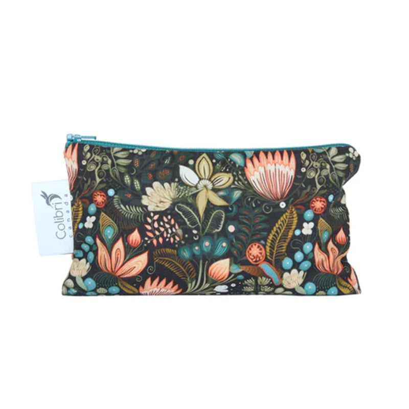 Floral patterned bag with a visible brand tag on a white background