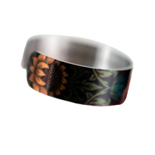 Load image into Gallery viewer, green black and turquois with sunflower printed on a silver bracelet 
