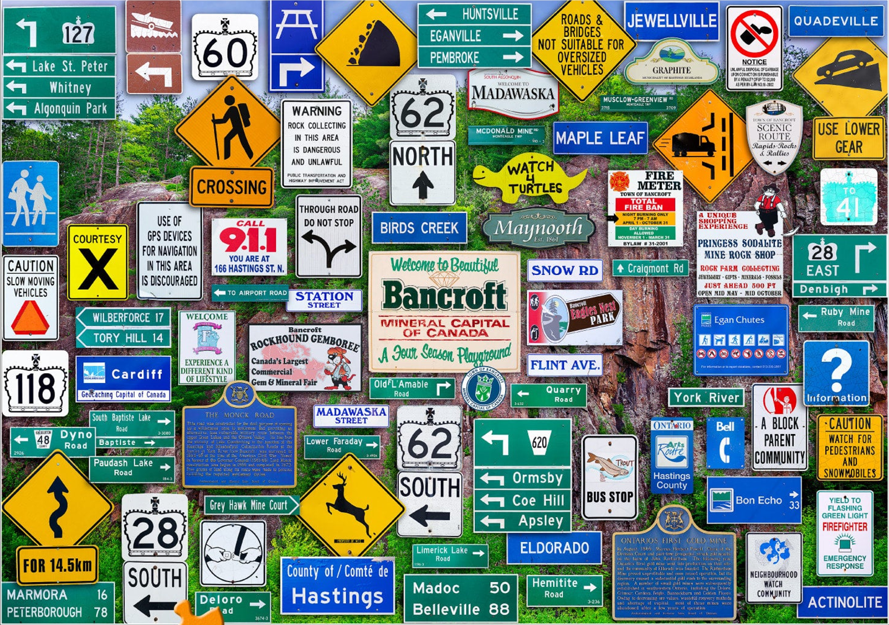colourful puzzle of road signs from Bancroft