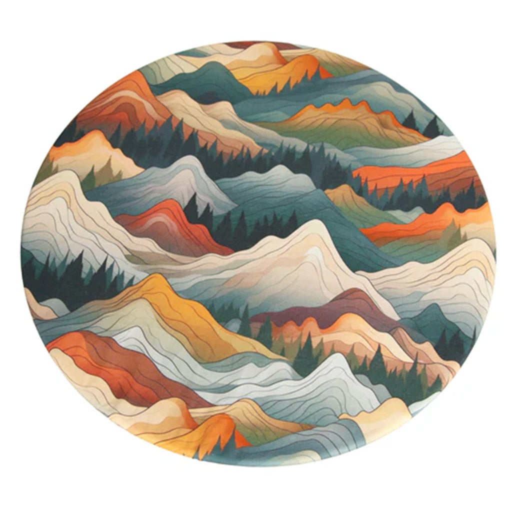 Round bowl cover with a colorful mountain landscape design on a white background