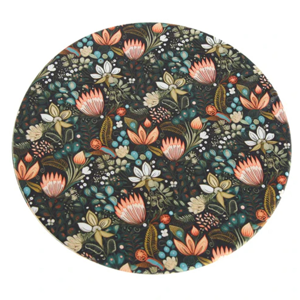 Round bowl cover with a colorful floral pattern on a dark background