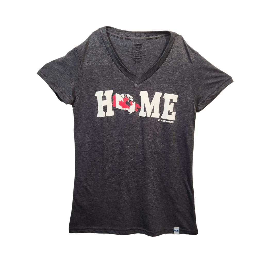 Dark gray t-shirt with Canada 'HOME' printed on it against a white background