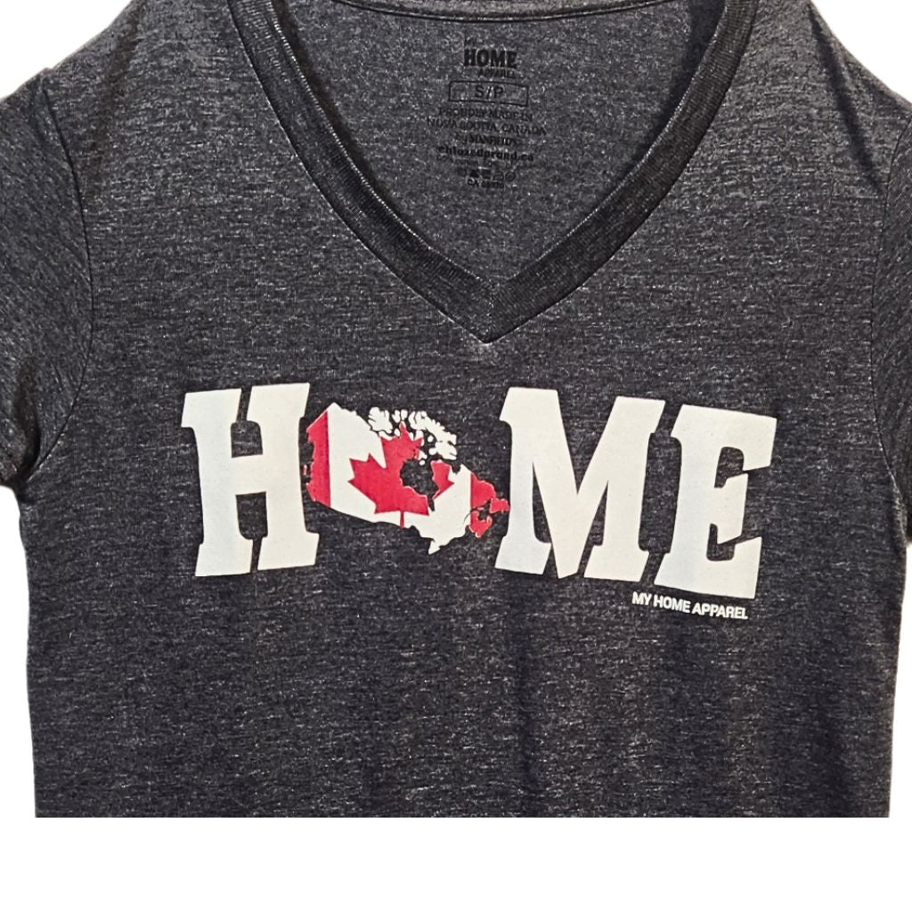 Gray v-neck t-shirt with Canada 'HOME' design featuring a map of Canada on a white background