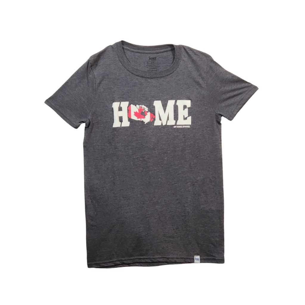 Gray t-shirt with Canada 'HOME' printed on it featuring a red maple leaf, on a white background