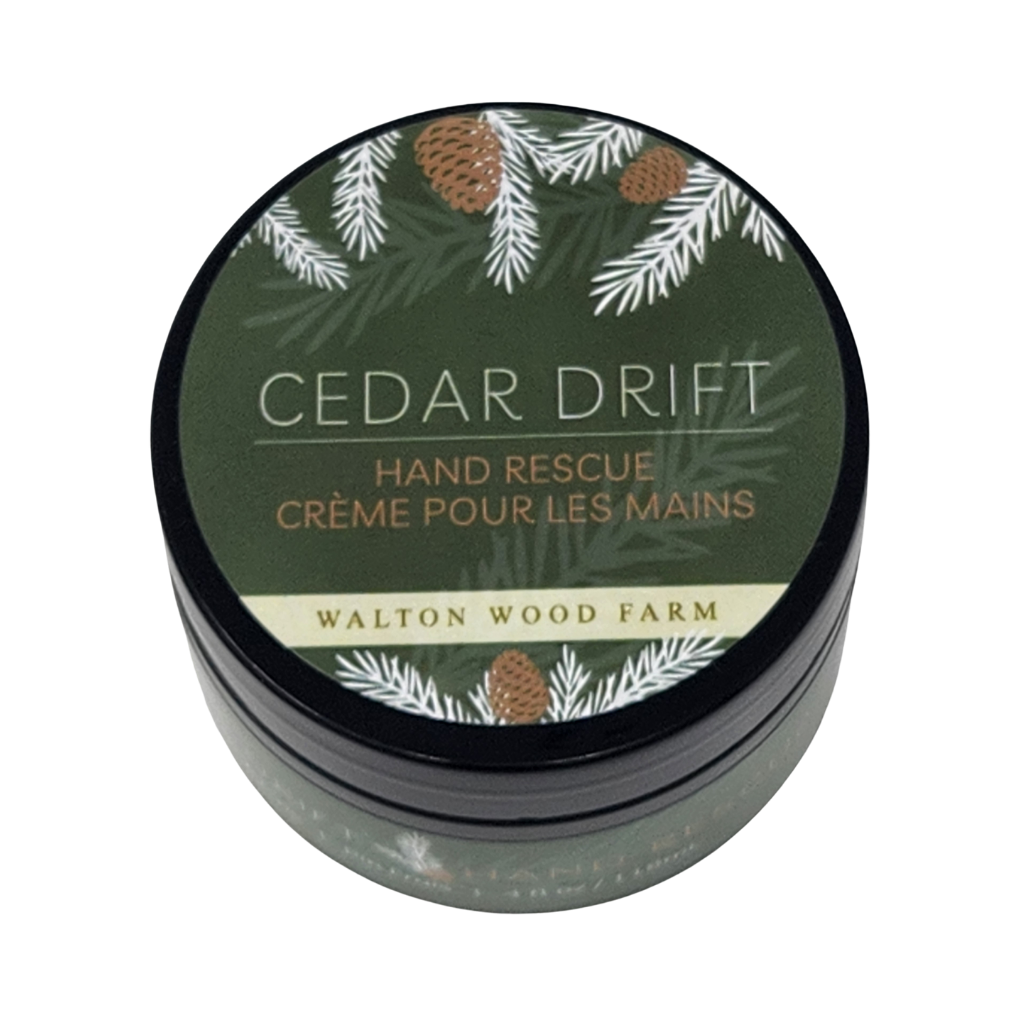 Hand rescue cream container with 'Cedar Drift' branding on a white background