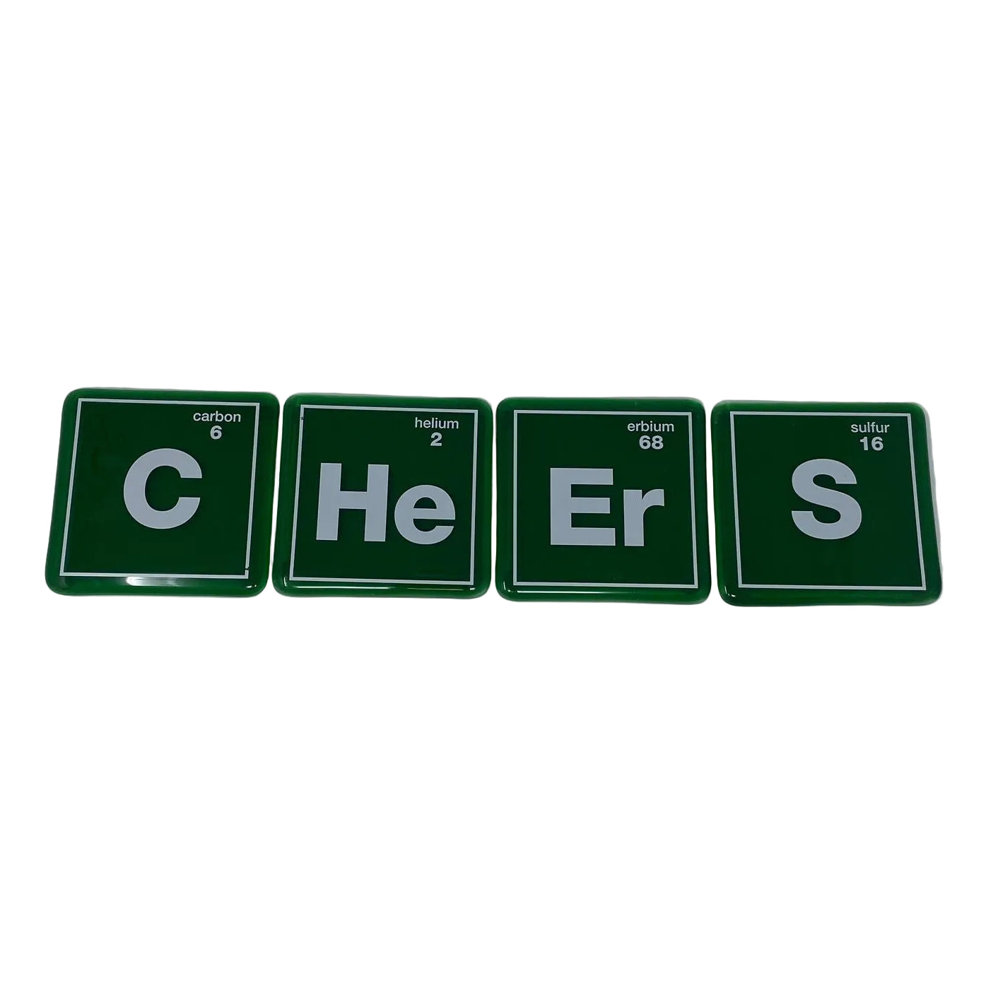 Four green beer glass square tiles with white periodic-table-style lettering spell out 'CHEERS' on a plain white background.