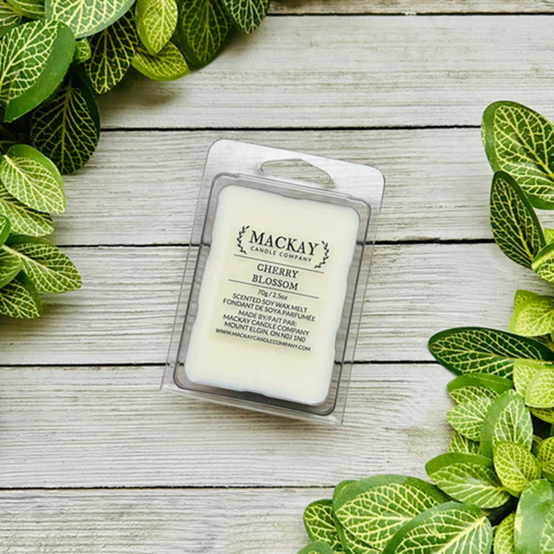 Mackay Candle Company cherry blossom wax melt on a wooden surface with green leaves around