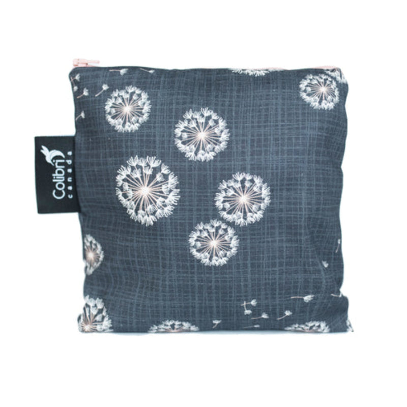 Blue bag with white floral patterns and Colibri Children label on a white background