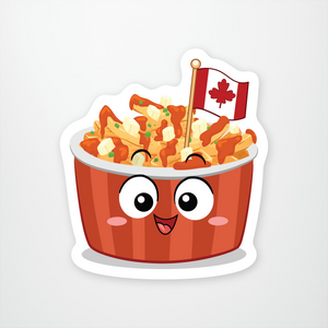 red dish with a face, filled with poutine and a flag stuck in