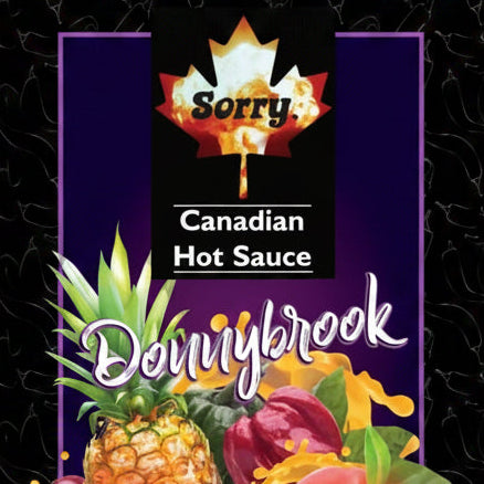 Donnybrook Canadian Hot Sauce packaging with colorful design and text.