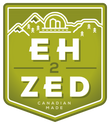 Eh-2-Zed logo it is green and white. It depicts the Rocky Mountains, Prairies, & Appalachian Mountains 
