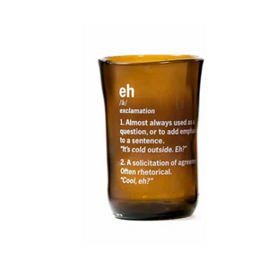 brown glass cup with eh and it's definition printed in white