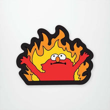 Load image into Gallery viewer, red Elmo with arms raised in front of flames
